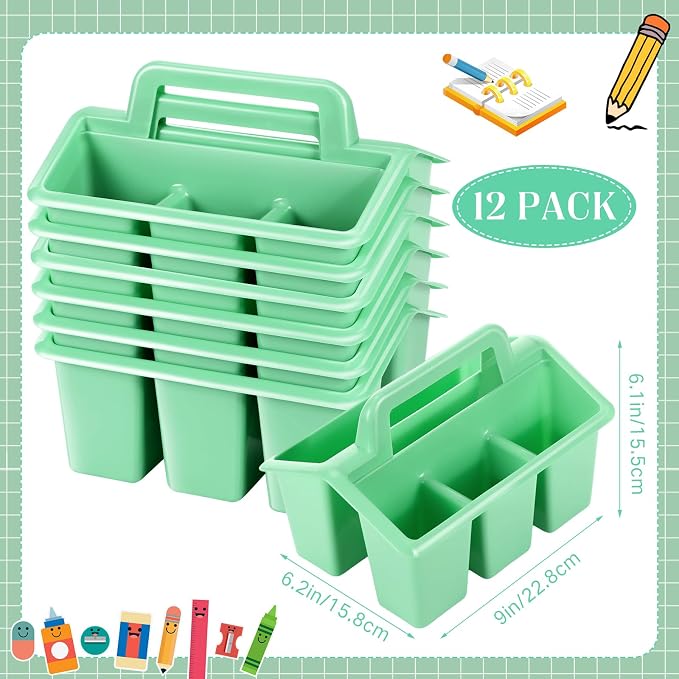 WILLBOND 12 Pcs Classroom Storage Caddies Stackable Utility Caddies with 4 Compartment Plastic Caddy with Handle Portable Storage Bins Organizers for Kids Schools Art Craft Supplies(Green) - Image 3