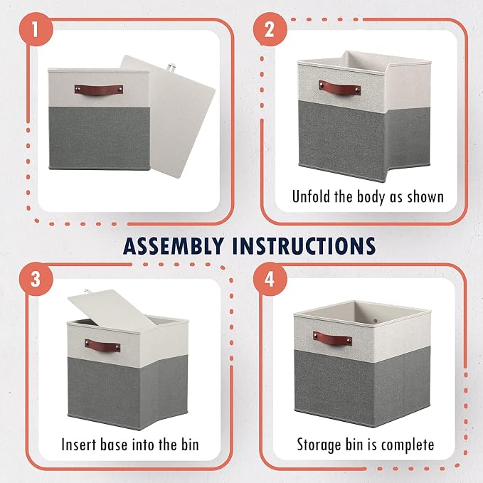 Ornavo Home 13x13 Foldable Fabric Storage Cube Bins, 6 Pack, White/Gray | Collapsible Linen Shelf Basket Organizer; Leather Handles; Ideal Cube Storage For Closet - Image 7