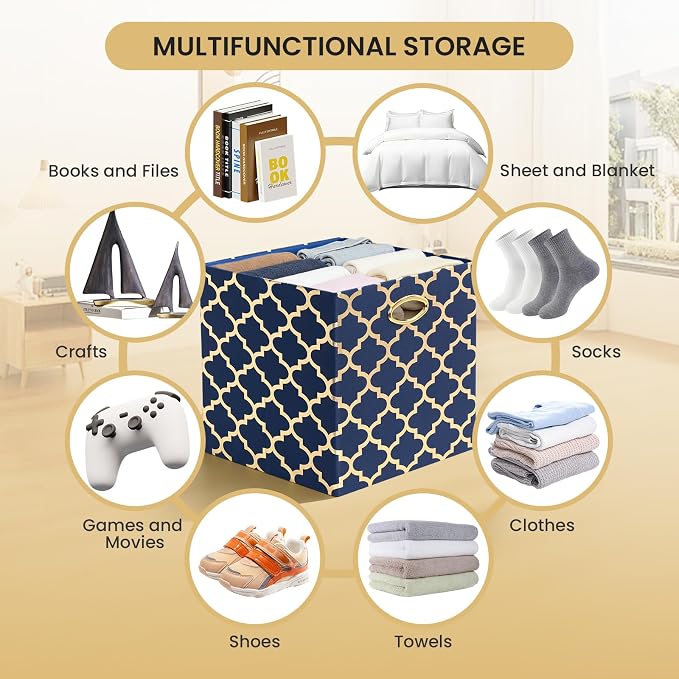Posprica 13x13x13 Storage Cube Bins, Collapsible Storage Bins Fabric Storage Cubes Organizer Baskets Box Drawers for Shelves, Closet, Wardrobe, Bookshelf Blue/Gold Lantern, 4 Pack - Image 4