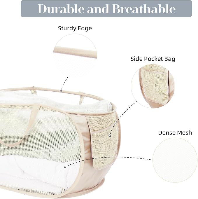 Durable Collapsible Laundry Baskets, Mesh Pop Up Laundry Hamper with Side Pocket, Foldable Clothes Hamper with Reinforced Carry Handles for Laundry, Bathroom, Kids Room, Dorm or Travel 2 Pack Beige - Image 4