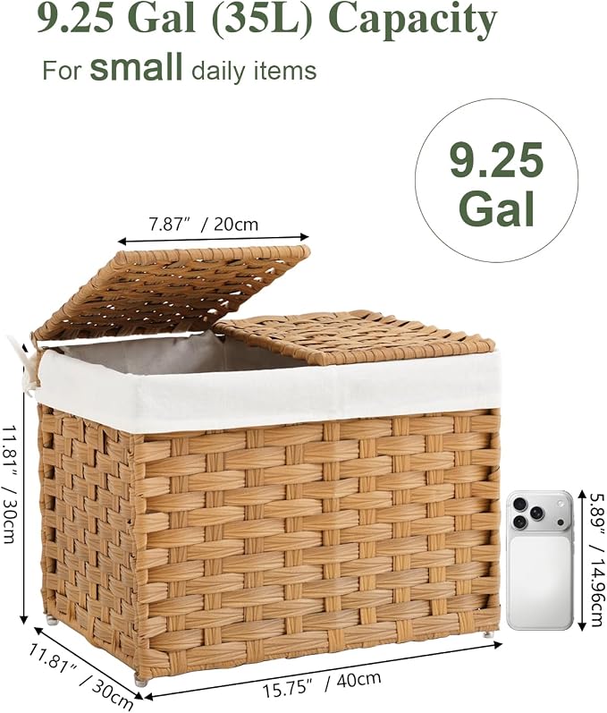 SETVSON Storage Basket with Lid Woven Wicker Baskets, 35L Natural | 9.2 Gallon Storage Bin with 2 Separate Lids, 2 Removable Liner Bags with Divider for Small Clothes, Sturdy Metal Frame - Image 2