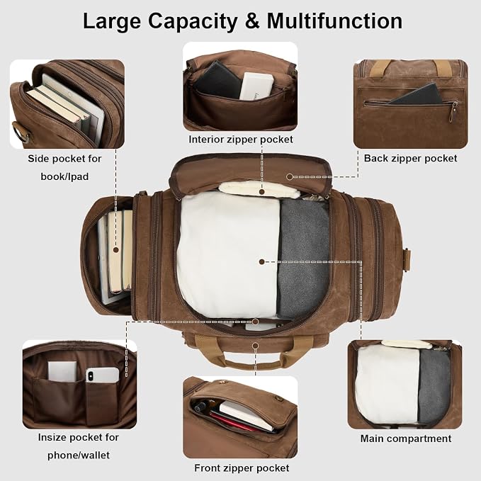Waxed Canvas Duffel Bag 50L, Coffee | Waterproof, Travel, Overnight, Weekender - Image 4