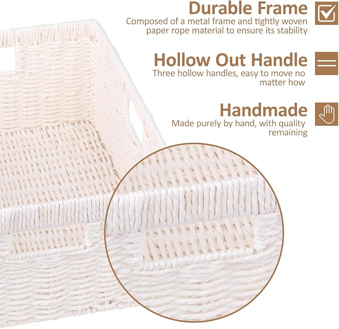 OIAHOMY Wicker Storage Basket, Rectangular Paper Rope Shelf Baskets with Built-in Handles, Woven Decorative Organizer for Pantry, Shelves, Living Room and Bathroom, 1-Pack White - Image 2