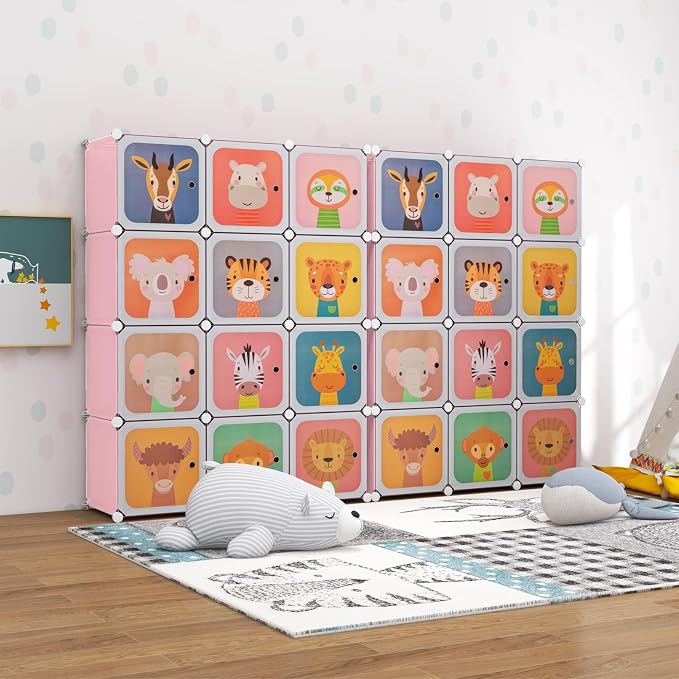 HONEY JOY Kids Wardrobe Closet, Baby Cartoon Clothes Storage Organizer, 12 Cubes & 2 Hanging Sections, Portable Children DIY Modular Bedroom Armoire Dresser Cabinet for Boys Girls (Pink) - Image 8