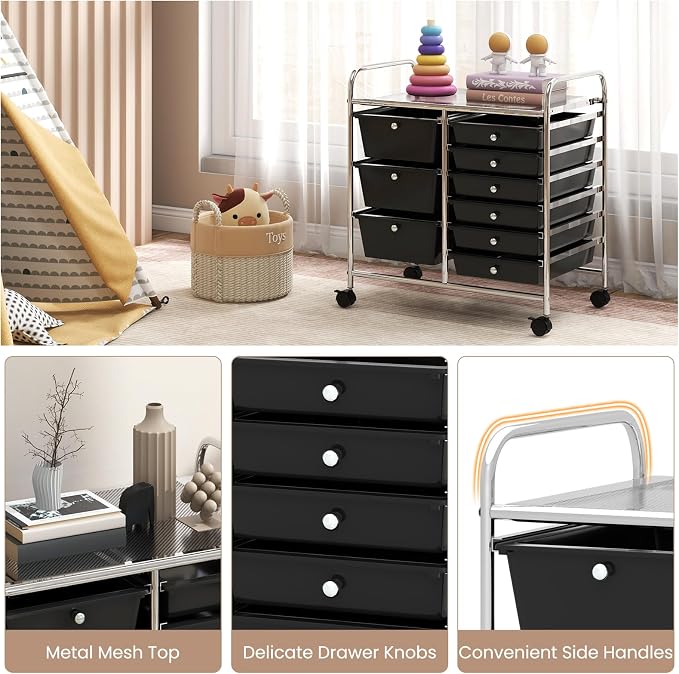 RELAX4LIFE 9 Drawer Rolling Storage Cart - Mobile Drawer Carts for Craft Art Supply Paper Salon, Utility Cart on Wheels for Classroom Teacher School Office, Rolling Cart with Drawers (Black) - Image 6