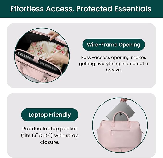 Nobl Travel Weekender Bag for Women & Men, Large Carry-On Duffel, Blush | Leather Overnight Tote with Trolley Sleeve, Separate Shoe Compartment & Laptop Pocket for Airplane, Gym & Road Trips - Image 2