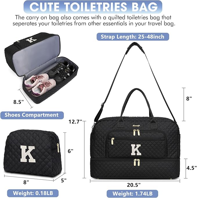 Initial Travel Duffle Bag for Women - Black Personalized Weekender bags Overnight Bag with Shoe Compartment & Wet Pocket Weekend Tote Bags with Toiletry Bag Monogram Christmas Gift (Letter K) - Image 3