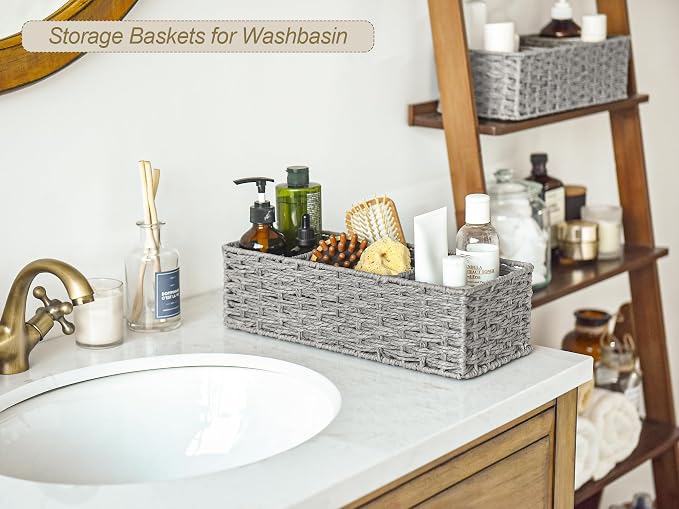 StorageWorks Toilet Paper Basket, Paper Rope Woven Toilet Tank Basket, Gray | Wicker Basket, Toilet Paper Storage for Back of Toilet Tank, Woven Baskets for Shelves, Wicker Baskets with 3 Compartments - Image 3