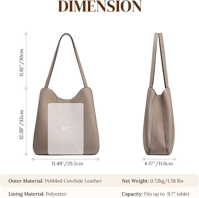 S-ZONE Soft Genuine Leather Tote Bag for Women, Shoulder Handbag Purses | Top Grain Pebbled Cowhide Leather, Fits 9.7" Pad, Multi Compartments, Bottom Metal Rivets, for Work Travel Daily - Image 4