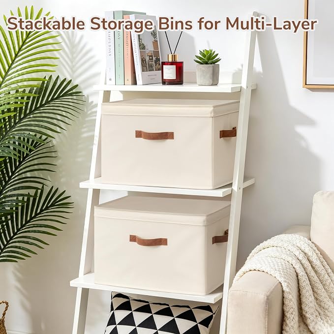 CHICVITA 4-Pack Large Fabric Storage Bins with Lids for Shelves, Ivory | 17.1" x 11.2" x 11.6" Decorative Storage Boxes with Handles for Clothes Fit Closet, Toy Box with Support Plate for Playroom - Image 3