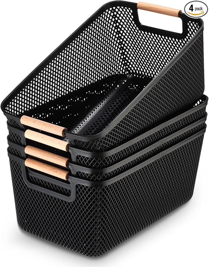 Tioncy 4 Pcs Plastic Mesh Baskets with Wood Handle Woven Mesh Storage Organizer Bins Multi-function Rectangle Baskets for Home Pantries Shelves Closet Kitchens Bedrooms(10.4 x 7.2 x 4.7 Inches) by Tioncy
