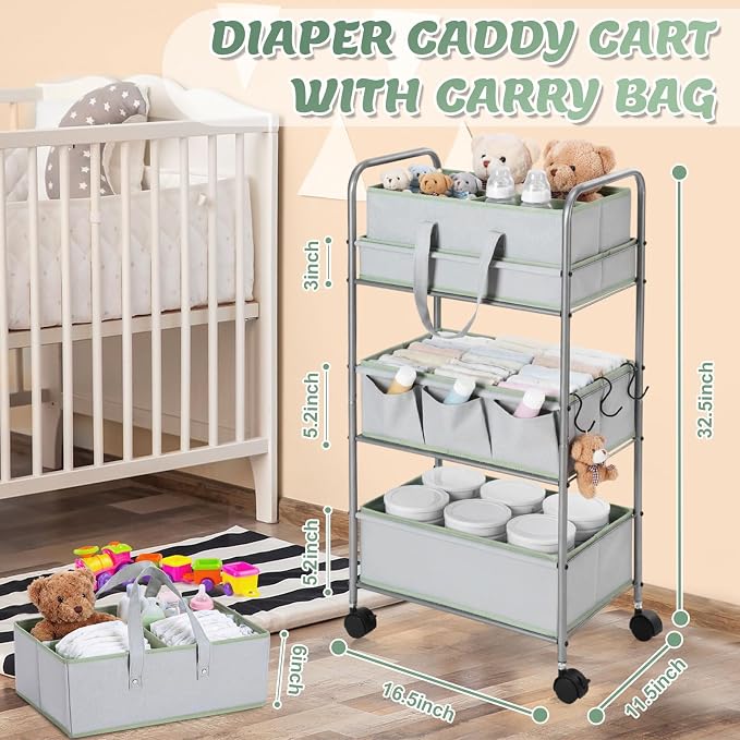 FoldTier 2in1 Colorful Baby Diaper Caddy Organizer Cart 3 Tier Large Capacity Metal Utility Bedside Rolling Cart with Divider for Newborn Nursery Essential Must Have Crib Bedroom Baby Shower(Green) - Image 2