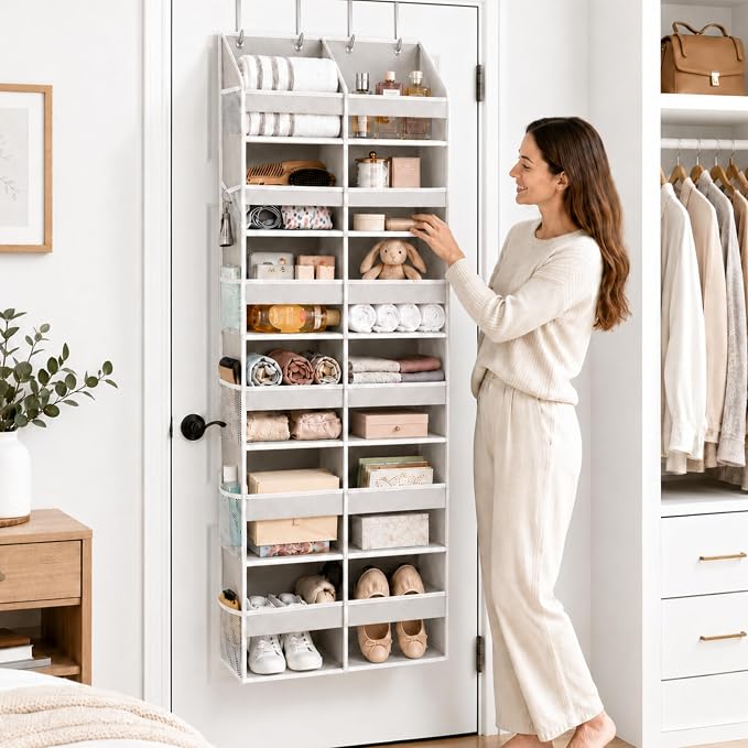 Over the Door Organizer, 6-Tier XL, 100D Fabric, Light Gray | Extra wide over the door organizer, 65 lb capacity, 12 side mesh pockets, heavy-duty 100D fabric, bedroom & nursery storage - Image 2