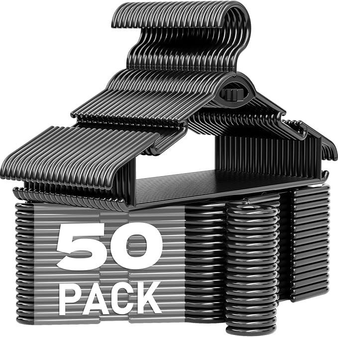 Heavy Duty Plastic Hangers 50 Pack, Stackable Space Saving, Black | 16Lbs Superior Strength, 360° Swivel Hook, Premium PP Material, Cascading, Multi-Groove Support, for Coat Suit Shirt Dress by UEAKPIC