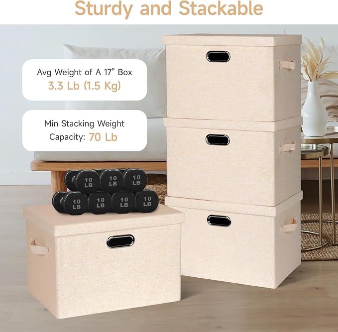 Storage Bins with Lids Fabric Closet Organizers Cubes Office Organization | 36 Quart 3 Pack Light Orange Collapsible Stackable Linen Fabric 4 Handles Bedroom Closet Cabinet Under Bed Clothes Toy Office - Image 3
