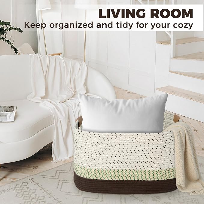 108L Large Basket for Living Room, Nursery & Laundry, Kids Toy Basket Storage with Leather Handle, 25’’*16’’*16’’ White & Mottled Green - Image 4