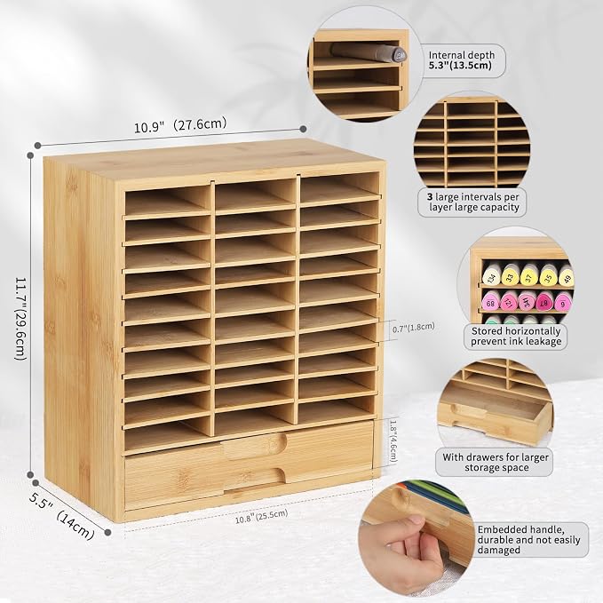 AUTOARK Bamboo Marker Organizer for 150 Markers,AHK-060 | Desktop Storage with Drawers,Art Markers Pens Pencils Brushes - Image 2
