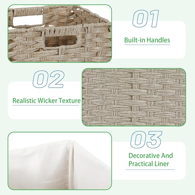 Bidtakay Wicker Storage Baskets for Organizing 4-Pack Hand-Woven Imitation Wicker Cube Storage Bins with Liners for Shelves Closet Cabinet 11x11 Waterproof Cube Organizer for Pantry-Greyish Beige - Image 8