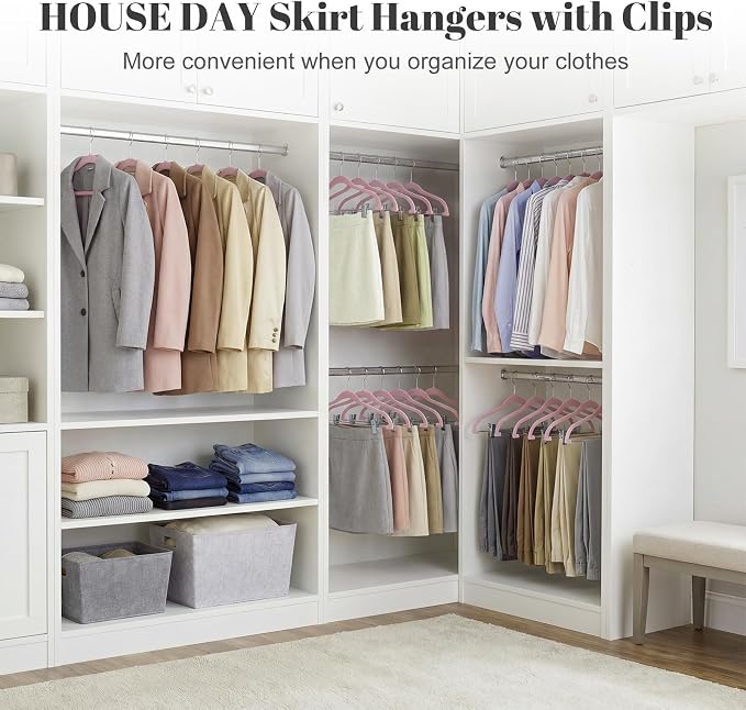 HOUSE DAY Velvet Skirt Hangers 24 Pack, Velvet Hangers with Clips- Pink | Space Saving Slim Velvet Pant Hangers, Heavy Duty Shorts Hangers, Non Slip Adjustable Clip Hangers for Pants, Skirts, Shorts - Image 8