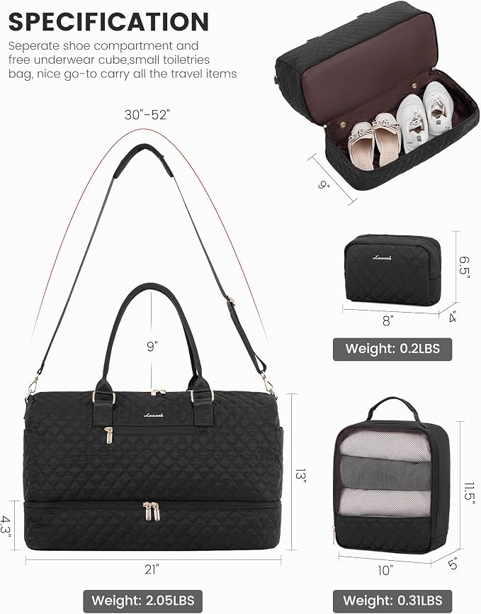 LOVEVOOK Travel Duffle Bag for Women, Weekender Overnight Bag with Shoe Compartment, Carry on Bag with Toiletry Bag, Gym Duffel Bag with Wet Pocket, Hospital Bags for Labor and Delivery 3 Pcs Set - Image 2