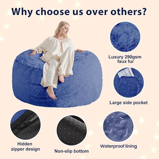 Bean Bag Cover (No Filler) - Faux Fur Beanbag Chairs Covers Only, Stuffed Animal Storage Bean Bag for Adults, Large Washable Beanbag Cover Without Filling, 5FT, Navy Blue - Image 5