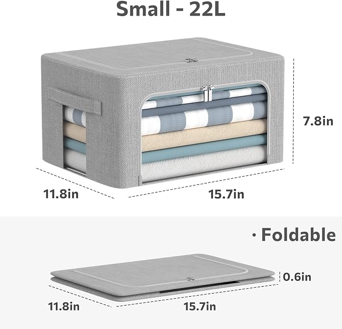 CYhom 3Pack Foldable Storage Bins - Frame Storage Box Linen Fabric Stackable Clothes Container Organizer with Clear Window & Carry Handles Large Capacity (Small-22L, Light Grey) - Image 5