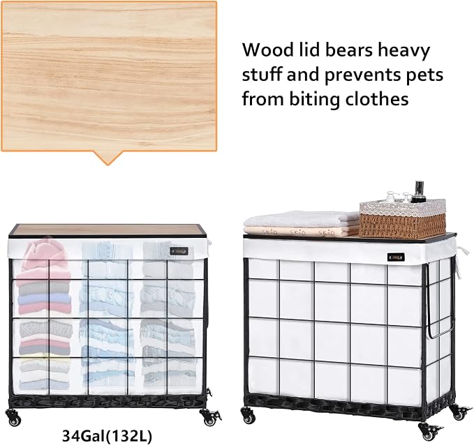 132L Laundry Hamper with Lid, 3-Section Laundry Basket with Rolling Wheels | 3 Laundry Compartments; Lockable Rubber Casters; Adjustable Metal Handle; Reinforced Steel Frame; Machine-Washable Liner Bag - Image 5