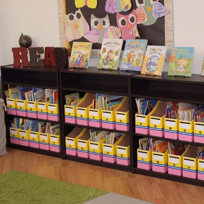 Resurhang 24 Pcs Pencil Book Bins for Classroom Cardboard Magazine Holders Foldable Magazine File Storage Box with Label Stickers for Desk Shelves School Classroom Home Office Supplies - Image 3