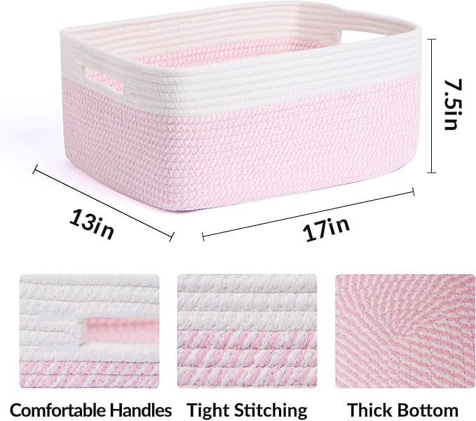 MiniArk Large Storage Baskets for Shelves, 17 x 13 x 7.5” Closet Organizers Bins for Clothes Blanket Towels, Baby Nursery, Toy Baskets Box, Woven Rope Baskets, 2 Packs Woven Pink - Image 2