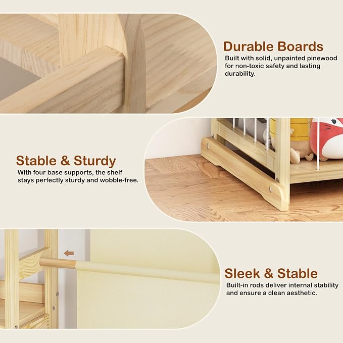 Kids Bookshelf and Toy Storage Organizer, 3-Tier Book Shelf with Stuffed Animal Storage, Kids Toy Book Storage for Bedroom Playroom, Wooden Toy Organizer with 3 Shelves, 49.4" W - Image 5