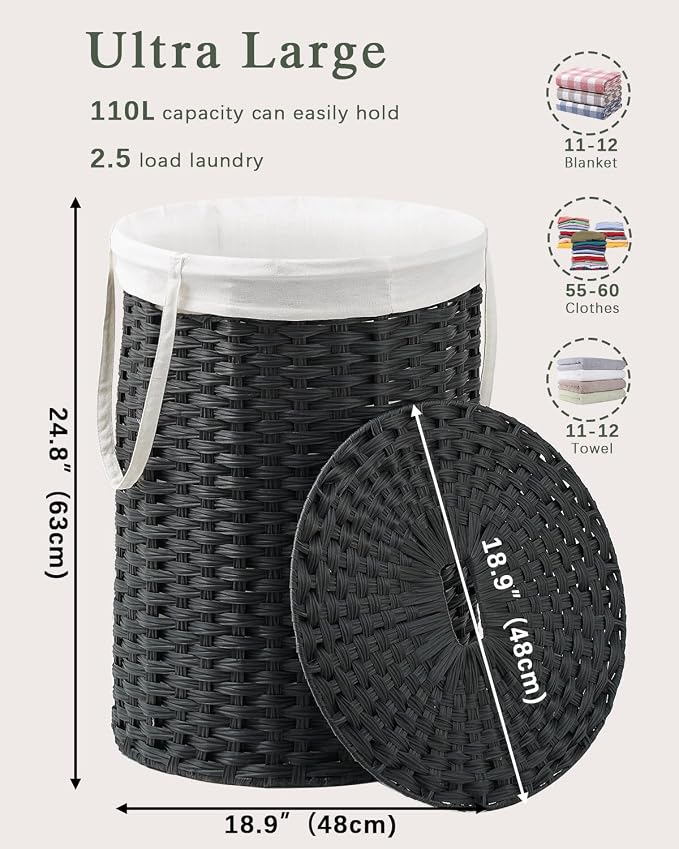 SETVSON Laundry Basket with Lid Round 29.1 Gal PE Rattan, Black | Family Clothes & Blanket Trunk with Lid, Removable Liner Bag with Handles, 2 Mesh Wash Bags, Collapsible Steel Frame - Image 4