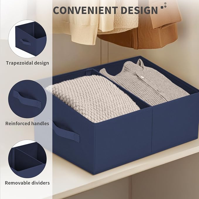 DIMJ Large Closet Shelf Organizer Bins 8Packs with Handles and Divider, Fabric Trapezoid Storage Baskets, Foldable Clothes Containers Box for Shelf, Towel, Book, Toy, Purse, Hats, Navy Blue - Image 4