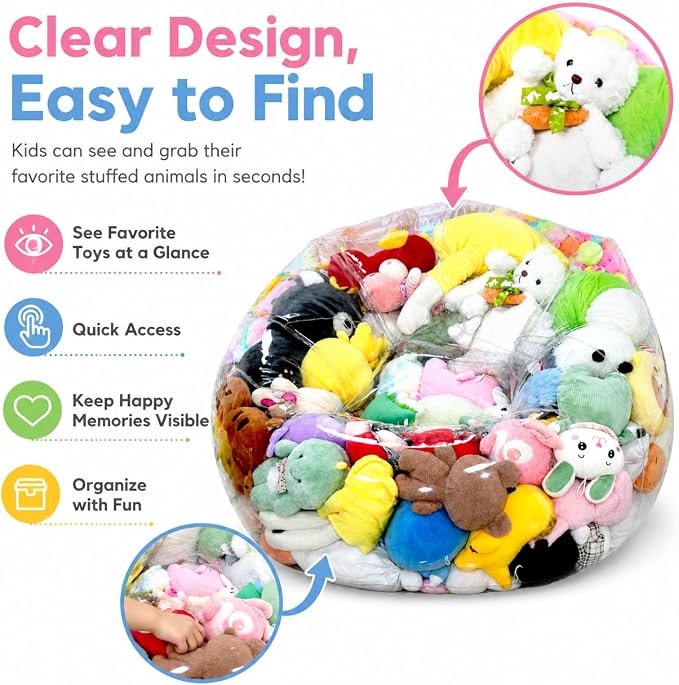 Clear Stuffed Animal Storage Bean Bag Chair Cover for Kids with Zipper | Transparent Waterparoof Wipe Clean Thicker PVC, Holds 100+ Stuffed Animals, Double Zipper for Plush Toys Storage & Organizing - Image 4