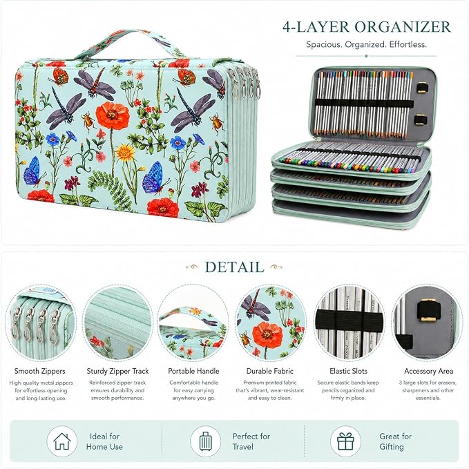 300 Slots Colored Pencil Case Organizer, 4 Layer Bag | Twill Oxford fabric,103 elastic loops,detachable handle,for travel,home storage,drawing tools,creative gifts - Image 3