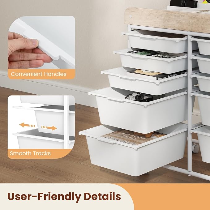 Giantex Rolling Storage Cart with 10 Drawers, Utility Cart w/Wooden Tabletop, Handle, Lockable Wheels, Multipurpose Organizer for Art Craft Scrapbooks Paper, Drawer Carts for Dorm School Office, White - Image 8