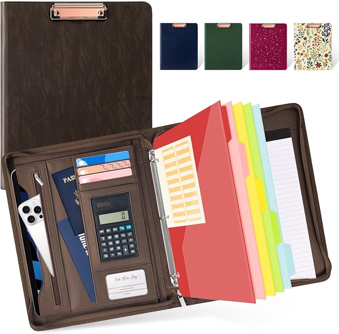 Ospelelf Zippered Portfolio Binder, Leather Clipboard Folder with Storage, 3 Ring Binder 1 Inch, 12.1” Tablet Sleeve, 5 Dividers with Pocket, Refillable Notepad, Card Slot (Brown) by OspelelfOfficeSupplies