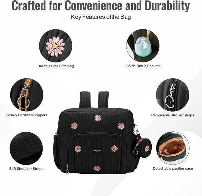 Diaper Bag Backpack with Changing Pad - Travel Baby Bag, Insulated Bottle Pockets, Stroller Straps (Medium - Black Flowers) - Image 3