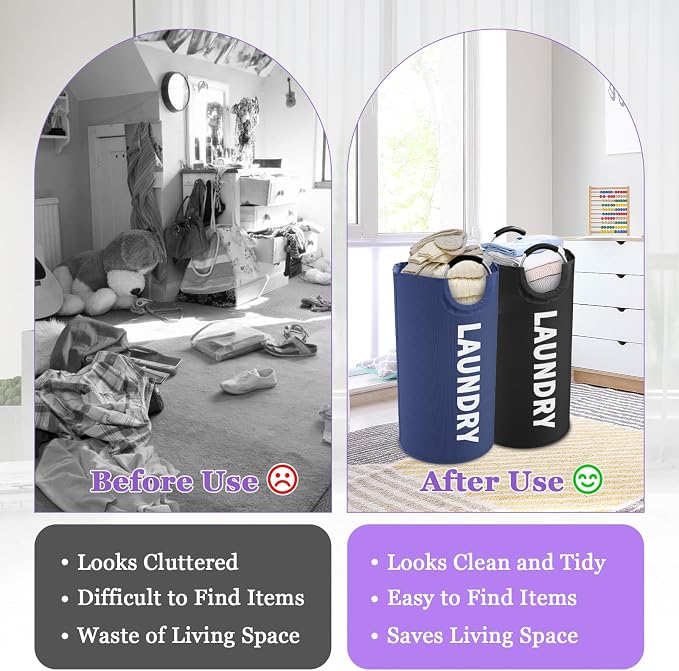95L Collapsible Laundry Basket, Oxford Hamper for Clothes, Navy Blue+Black | IHOMAGIC 2PCS Tall Dirty Clothes Hamper, Freestanding Laundry Bin, Storage Basket for Laundry Room, Bedroom, Dorm, Bathroom - Image 5