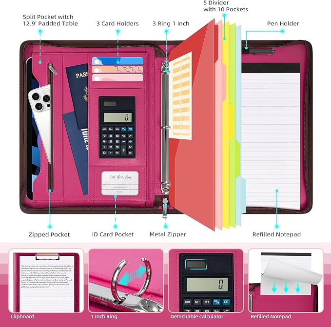 Ospelelf Zipper Clipboard with Storage, Leather Padfolio Portfolio Folder, 3 Ring Binder Dividers with Tabs, 12.1” Tablet Sleeve, Refillable Notepad, Card Slot (Rose Red) - Image 3