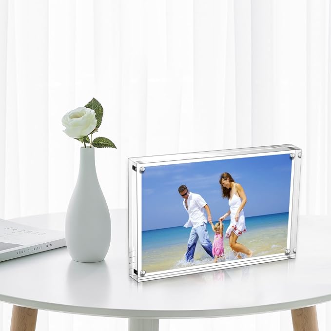 AMEITECH Acrylic Picture Frames, 4x6'' Clear Double Sided Block Set, Desktop Frameless Magnetic Photo Frame (2 Pack) | Double Sided Floating Magnetic Frames, 20mm Thick, Free Standing Desktop Display for Postcards, Pictures and Artworks - Image 8