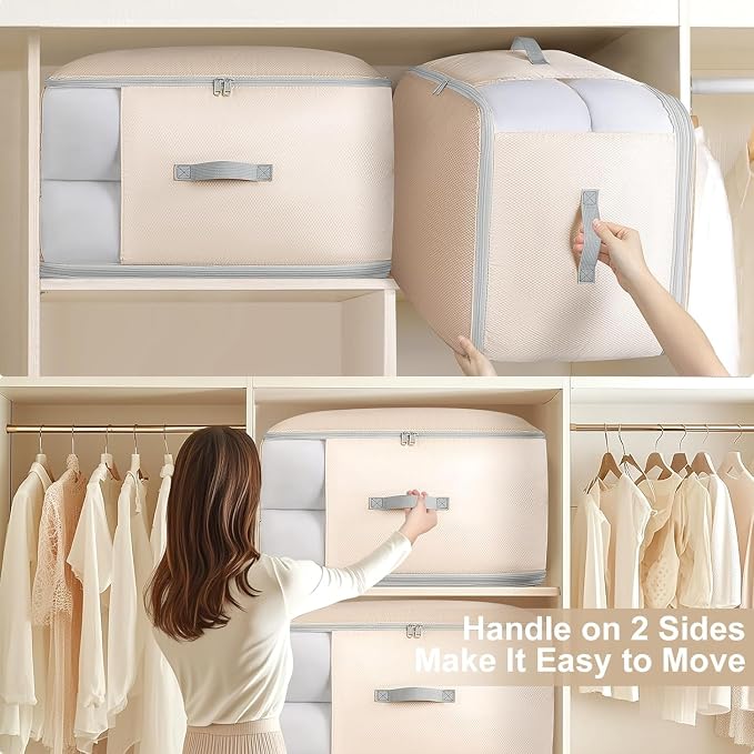 Comforter Storage Bag -130L Large Capacity Blanket Storage Bags 3-Layer Ultra Space Saving Self Compression Organizer, Washable Compression Bags for Storage Comforter Blanket, 4-Pack, Beige - Image 4