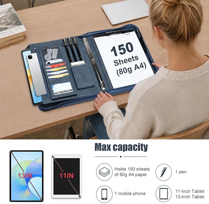 Portfolio Binder 3 Ring Includes Pen and 5 Dividers with 10 Pockets, Padfolio Organizer with Magnetic Handle for Men and Women, Includes A4 Notepad for Business, School, Work - Image 5