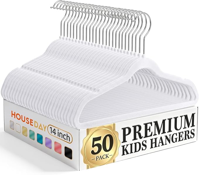 HOUSE DAY 14 Inch Kids Velvet Hangers 50 Pack, Durable Big Kid Hanger White | Children Hangers for Youth, Teen, Non Slip Kids Felt Hanger, Cute Small Hanger for Closet, Ideal for Everyday Use by HOUSEDAY