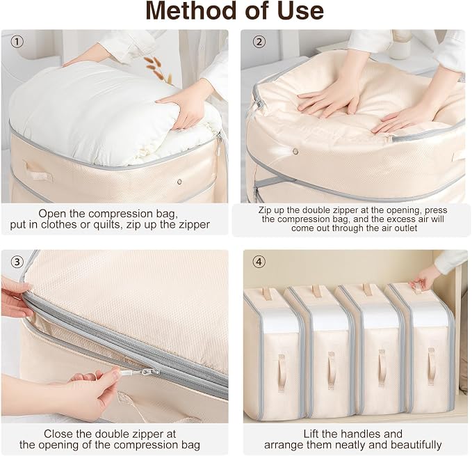 2 Pack Compression Storage Bags - 110L Large Capacity Comforter Storage Bag, 3-Layer Washable Ultra Space Saving Self Compression Organizer Space Bags for Blankets, Sweaters, Sheets, Beige - Image 4