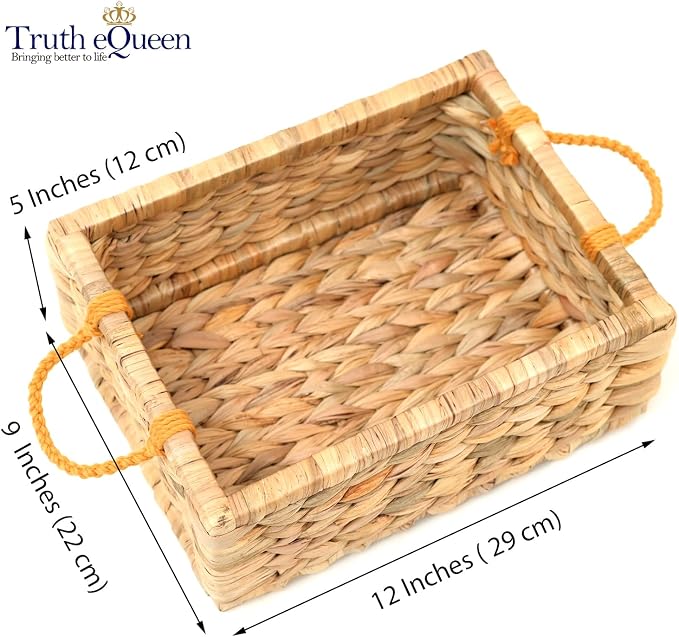 Water Hyacinth Storage Baskets For Organizing, Wicker Baskets For Storage With Macrame Handle, Small Woven Basket Small Wicker Blanket Basket For Organizing, Rectangular Woven Blanket 12x9x5 In - Image 4