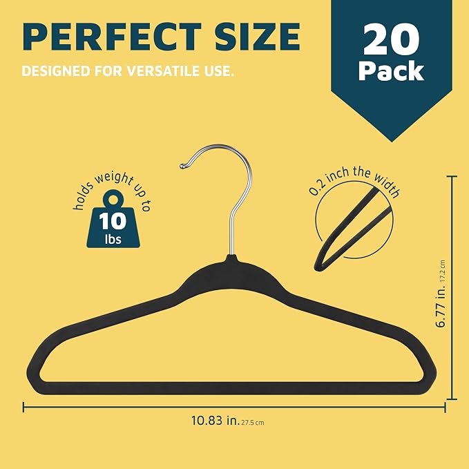 Black Velvet Kids Hangers 20 Pack, 10.83" Non-Slip Baby & Toddler Hangers for Clothes, Space-Saving Slim ABS Plastic with 360° Swivel Hook & Notched Shoulders, Up to 10 lb Capacity - Image 2