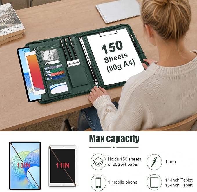 Padfolio Portfolio Binder with Handle, 3-Ring Folder Organizer | Vegan leather portfolio with notepad. Includes 5 sheet protectors for documents/files and 1 pen - Image 6