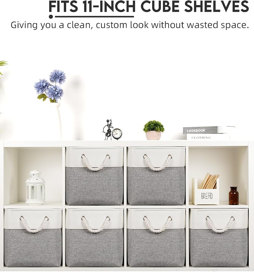 Temary 11 Inch Cube Storage Bins - 6 Pack Foldable Fabric Storage Baskets with Soft Rope Handles, Sturdy Organizer Cubes with Metal Frame for Shelves, Closet, Office & Home Organization (White&Grey) - Image 4