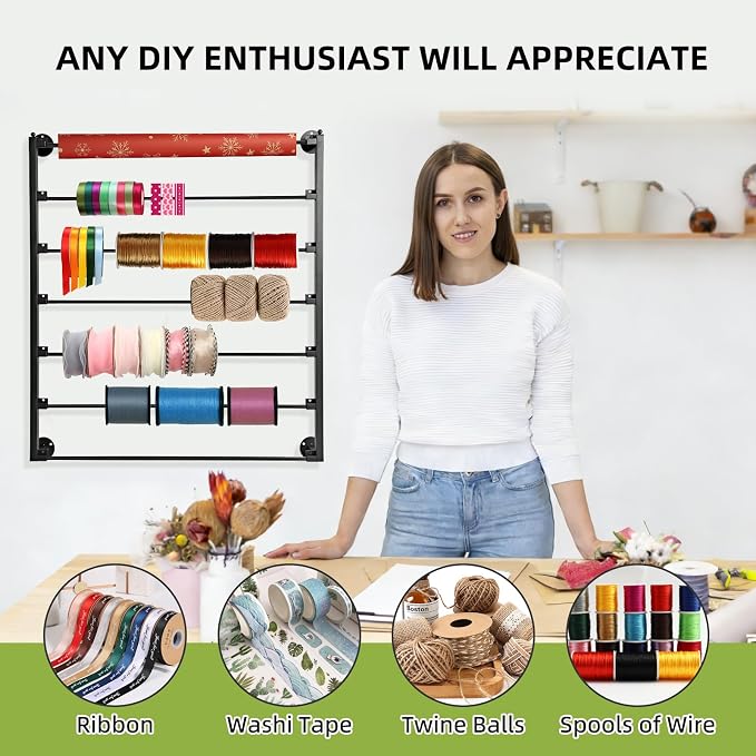 7 Tier Wall Mount Ribbon Organizer, Metal Rack for Craft Room | Wall mounted ribbon holder ideal for flower shops, stores, wrapping paper, scarf, tie, belt, towel storage - Black - Image 3