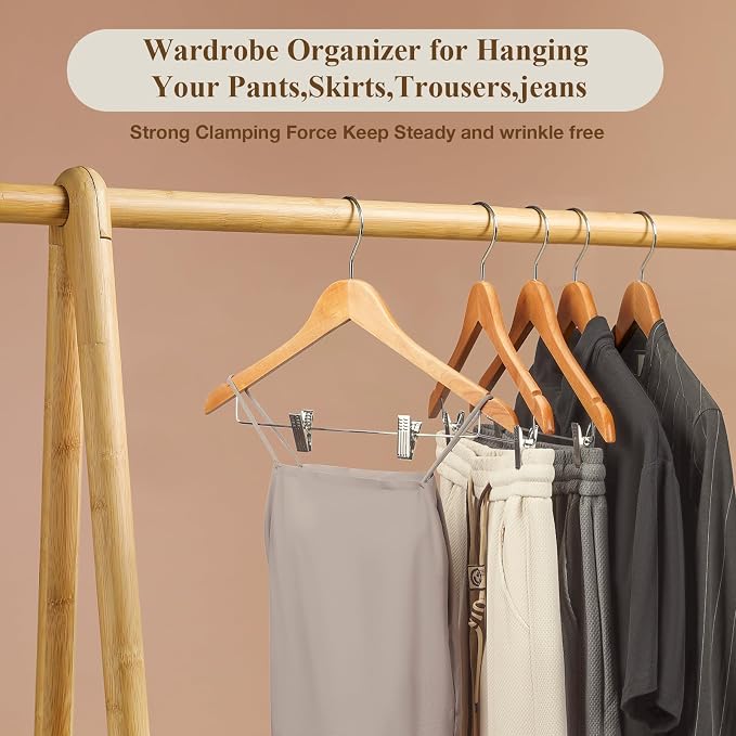 Wooden Hangers with Clips 12 Pack Wooden Pants Hangers,Skirt Hangers with Adjustable Clips,Hangers for Pants,Jeans,Slacks,Shorts（Natural） - Image 4